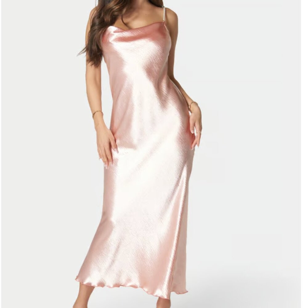 NWT Bebe Hammered Satin Cowl Neck Pearl Strap Maxi Dress XL